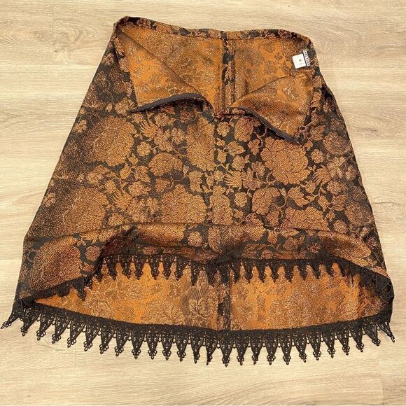 NEW ANNI KUAN A-LINE BRONZE & BLACK SEMI METALLIC ACCENT LACED HEM MIDI SKIRT 4 - Picture 4 of 14